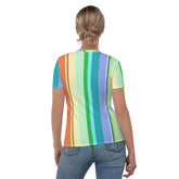 Close-up of Candy Stripe Delight women's t-shirt fabric and pattern.